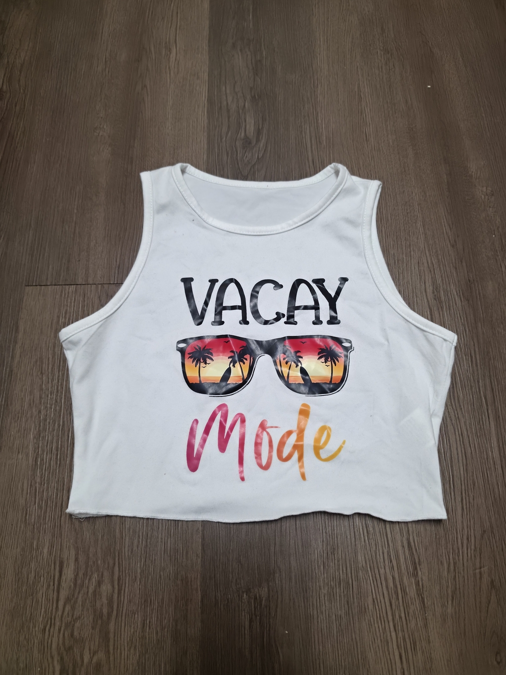 Vacay Mode White Crop Tank with Sunset Sunglasses Graphic